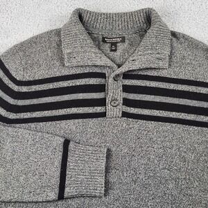 Banana Republic Sweater Mens XL Gray Black Striped Merino Wool Button Pullover